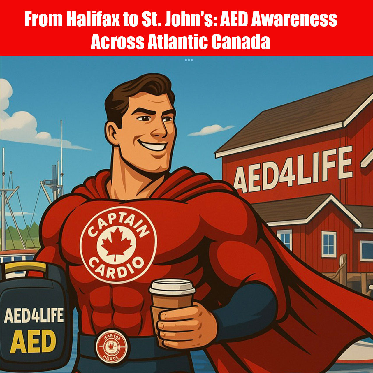 A Superhero In Nova Scotia Holding An AED