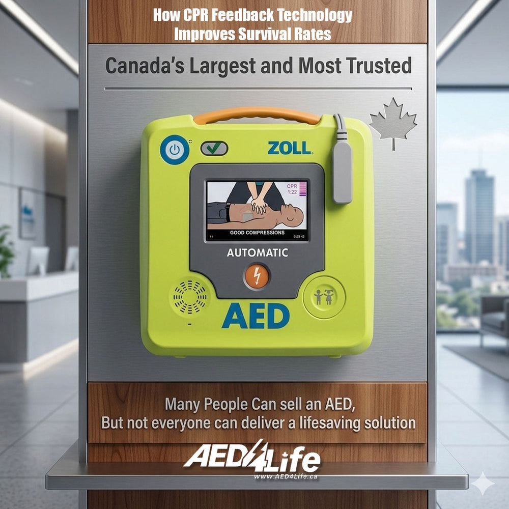A ZOLL AED 3 on a wall in an office space