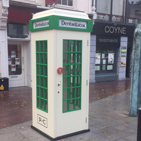 Automatic External Defibrilators (AED) in a forward-thinking way of preserving history. Recycled Telephone boxes