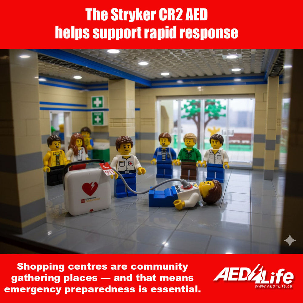 Lego People Using a LEGO AED at a Mall