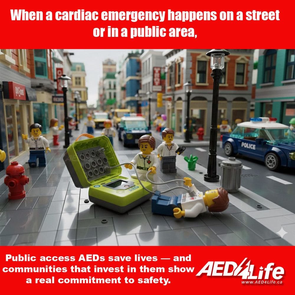 Lego People using a LEGO AED