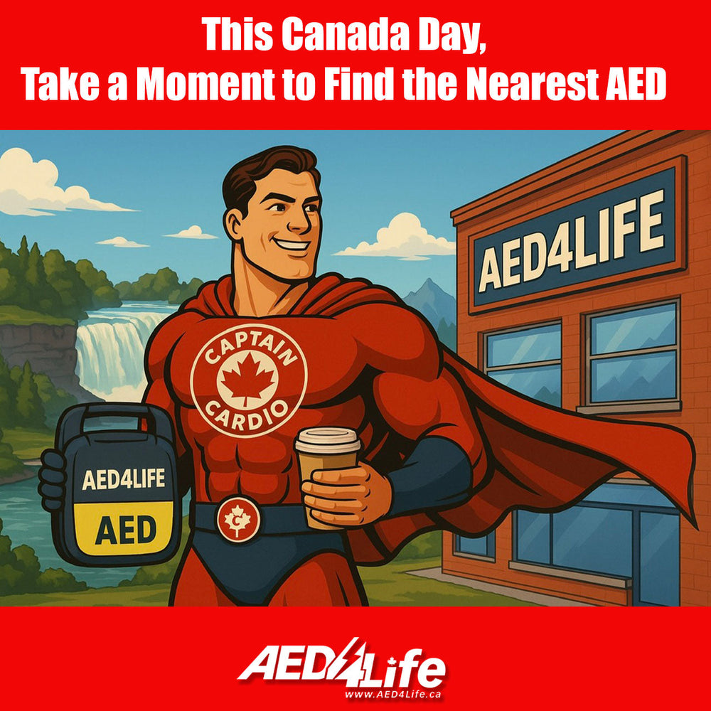 Superhero Holding An AED in Niagara Falls