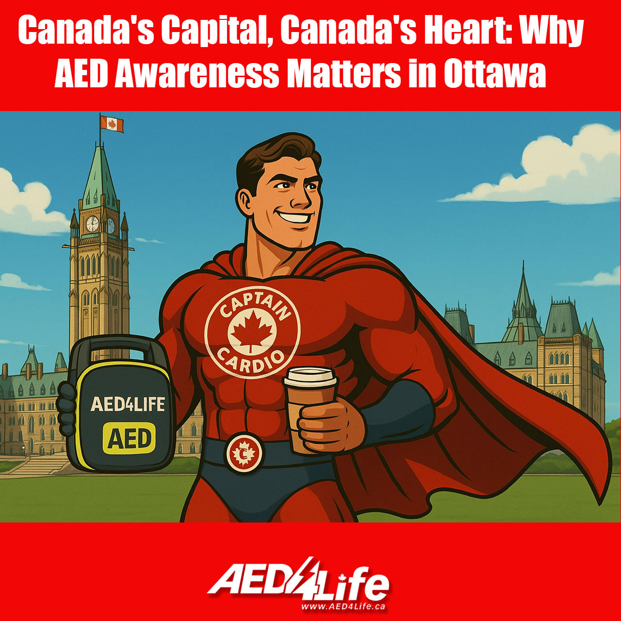 A Superhero Holding An AED IN Ottawa