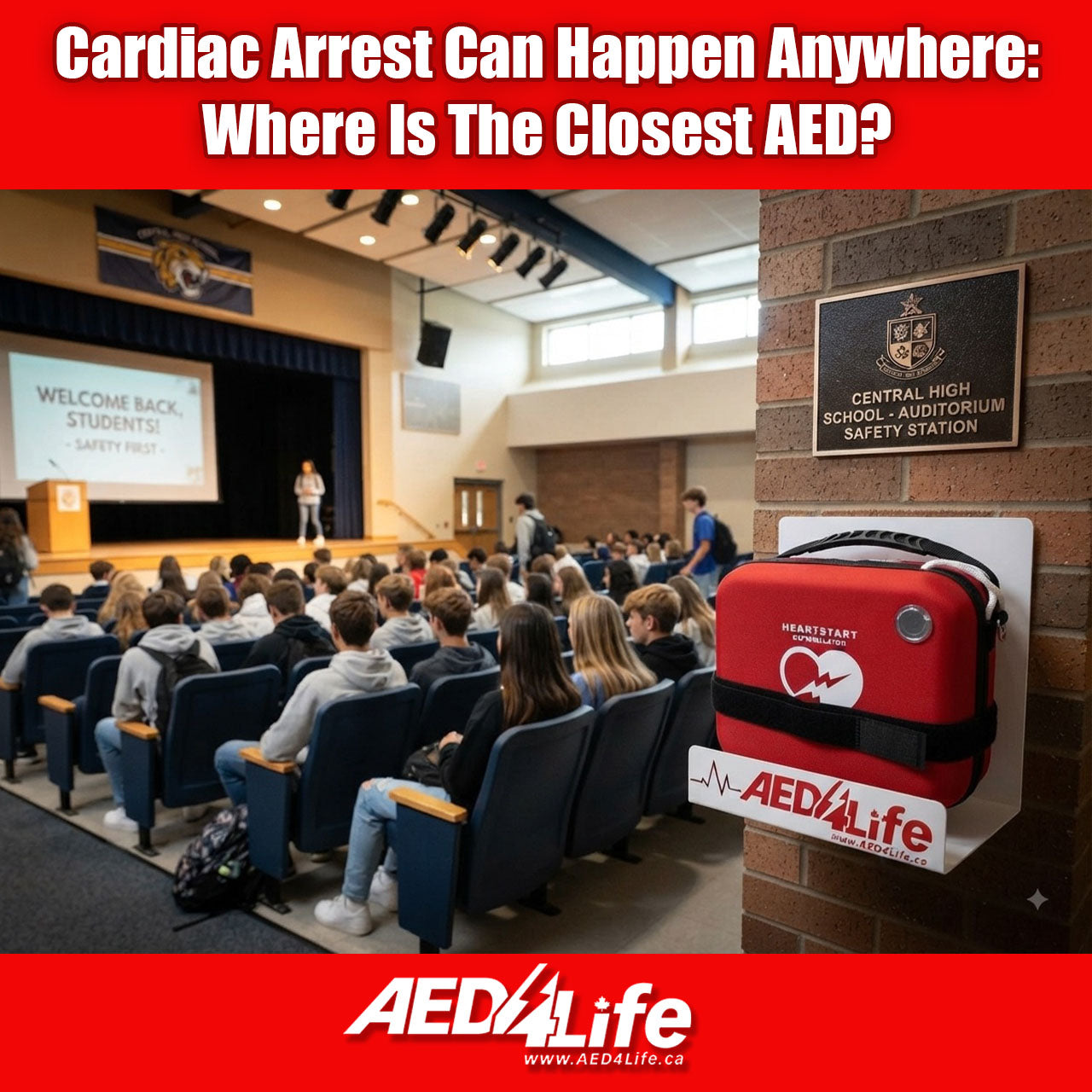 School Auditorium and an AED on the wall