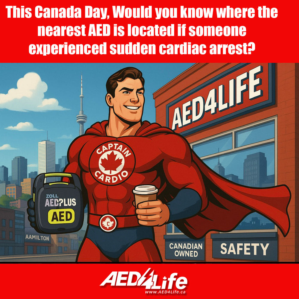 Superhero Holding An AED In Toronto