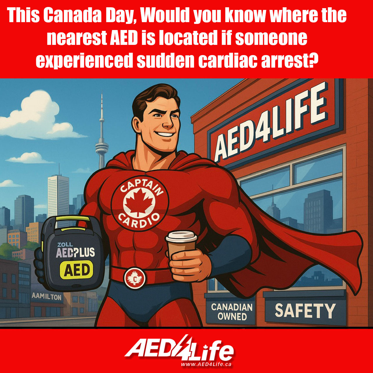 Superhero Holding An AED In Toronto