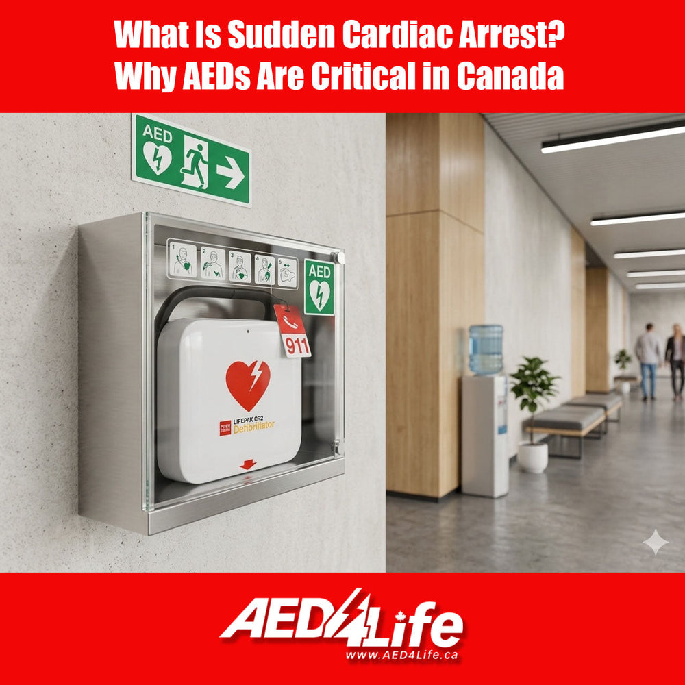 CR2 AED In a cabinet on the wall in a hallway