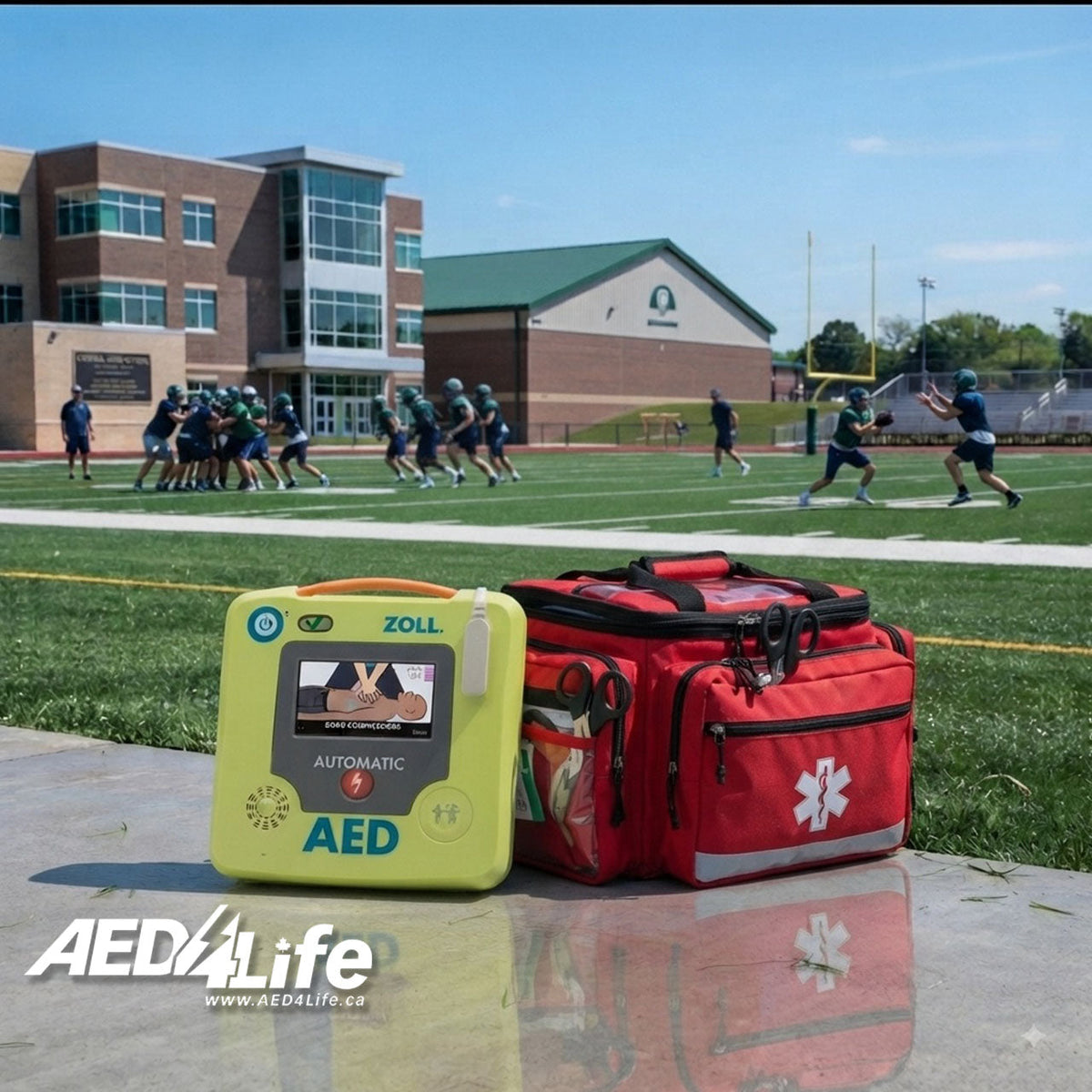 ZOLL AED 3 with First Aid Bag at a Football Field