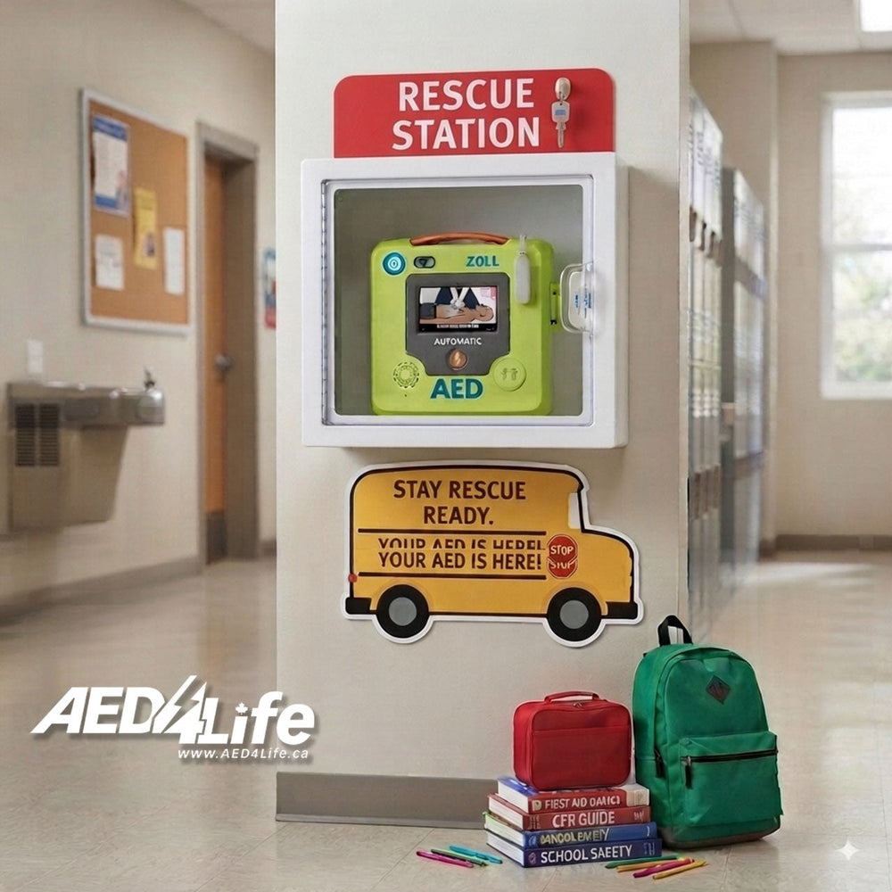 ZOLL AED 3 in a cabinet in a school hallway