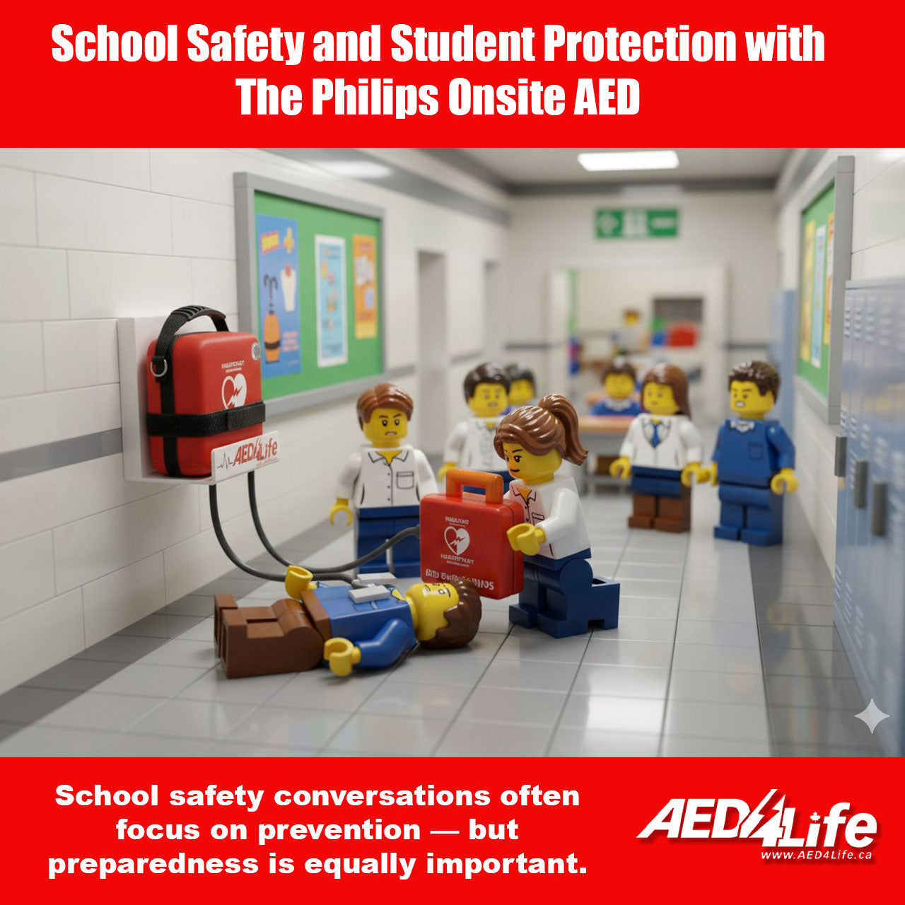 PHILIPS AED AS A Lego Piece in a school with lego people
