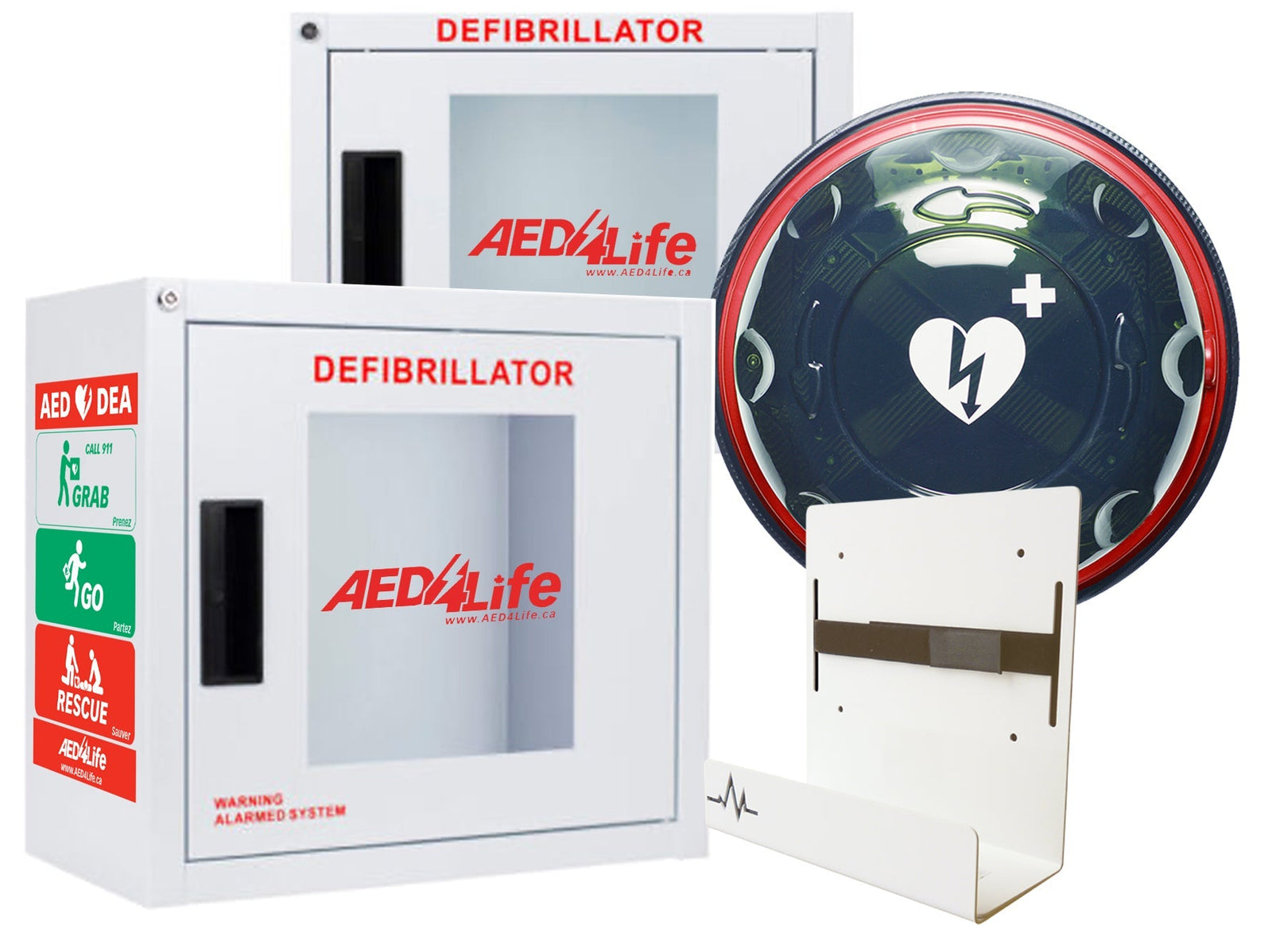 Defibrillator wall cabinets, a heart symbol sign, and a white AED wall mount bracket are shown.