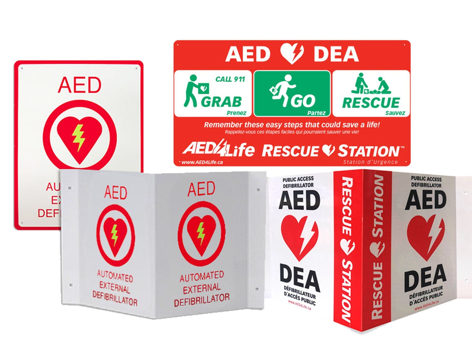 Various AED (Automated External Defibrillator) signs with heart and lightning symbols in red and white.