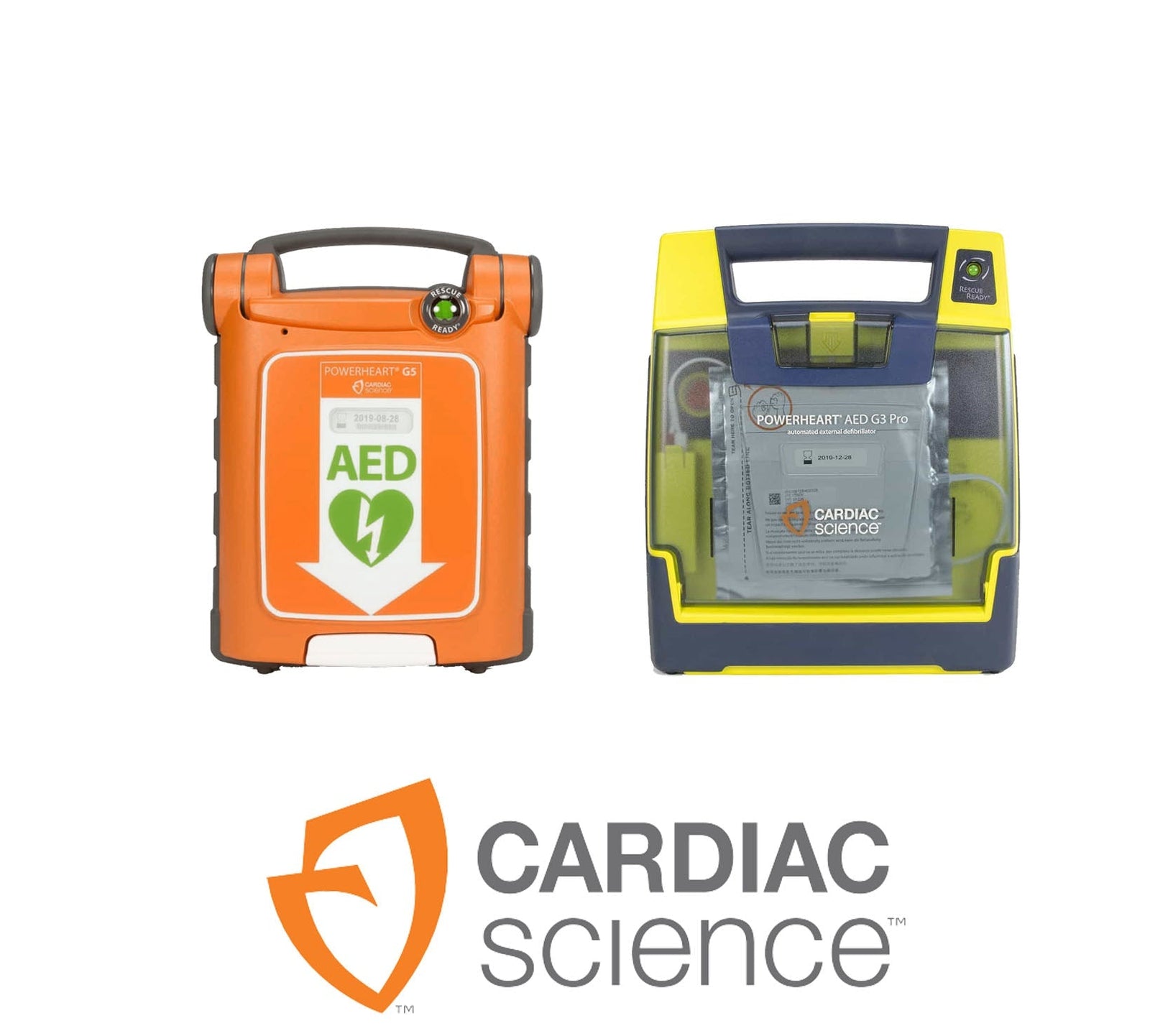 Two AED devices and the Cardiac Science logo with an orange shield and text below.