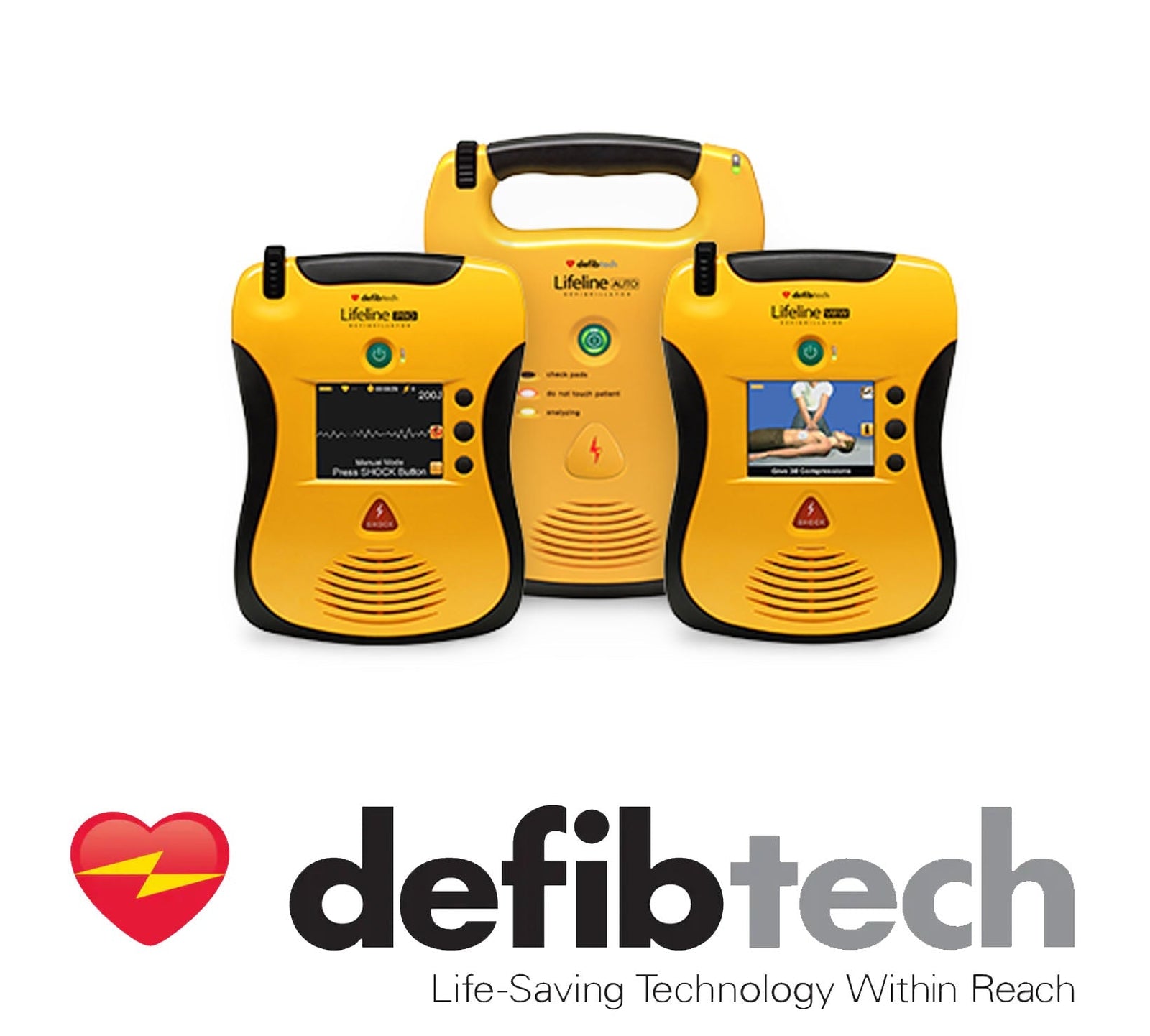 Three yellow Defibtech AED devices with screens and buttons, logo below with text "Life-Saving Technology Within Reach.