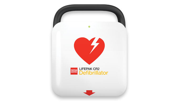 The white Physio-Control/STRYKER LIFEPAK CR2 Bilingual AED (Cellular connectivity) features a red heart with a lightning bolt symbol and a black top handle—perfect for rapid response in cardiac emergencies.