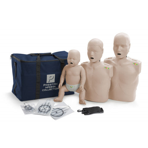 Three CPR mannequins of different sizes with a blue carrying bag and instruction sheets.