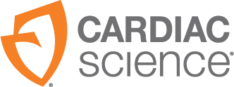 Cardiac Science logo with orange shield symbol and gray text.