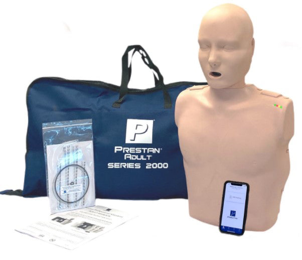 CPR training manikin with carrying bag, phone app, instruction manual, and accessories.