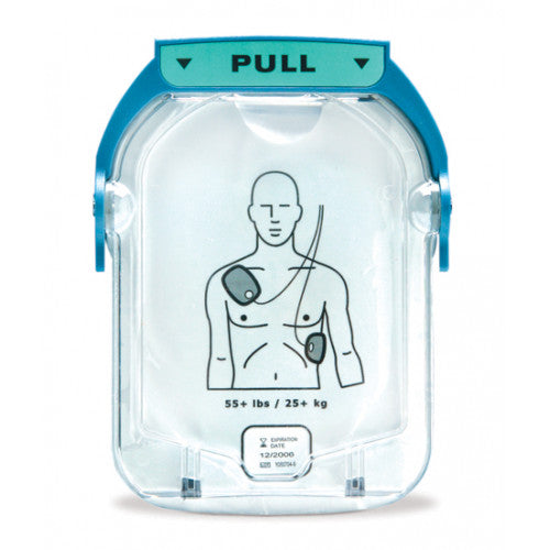 The Philips OnSite Refresh Pack from Philips features an AED pad container labeled "PULL" at the top. The transparent cover of the Philips OnSite Adult Smart Pads Cartridge displays an illustration showing electrode pad placement on the chest and side, with text indicating "55+ lbs / 25+ kg" below.