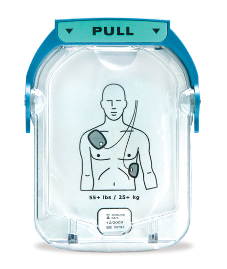 The Philips OnSite Adult SMART Pads Cartridge comes with an AED instruction panel that clearly illustrates where to place the electrode pads on an adult's chest, marked with "PULL." For more detailed instructions, please refer to the installation guide for the Philips HeartStart OnSite Adult Pads.