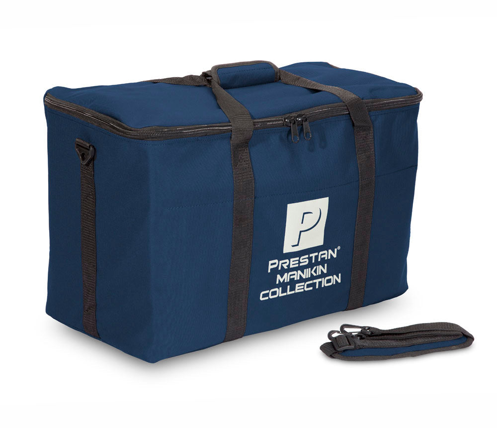 Blue nylon carry bag with black straps and the 'Prestan Professional Collection' logo printed in white on the side.