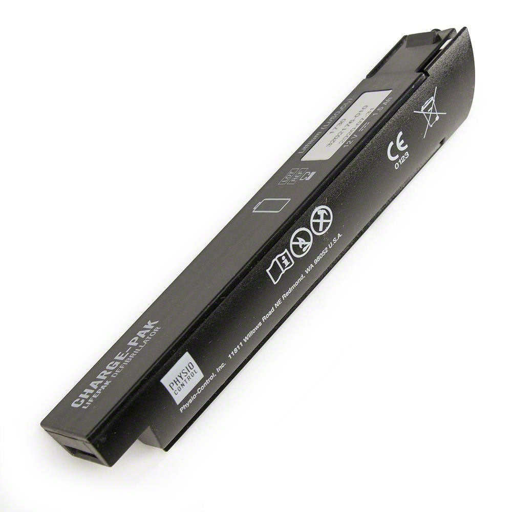 A black rectangular lithium-ion laptop battery with labels and symbols, including "Physio-Control" and "CE" markings, reminiscent of the Physio-Control LIFEPAK CR Plus/EXPRESS CHARGE-PAK unit.