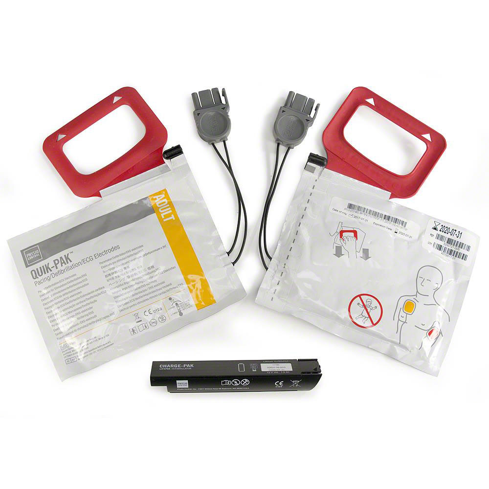 The Physio-Control LIFEPAK CR Plus/EXPRESS CHARGE-PAK, offered by Physio-Control/STRYKER, includes two sets of electrode pads, connectors, and a battery.