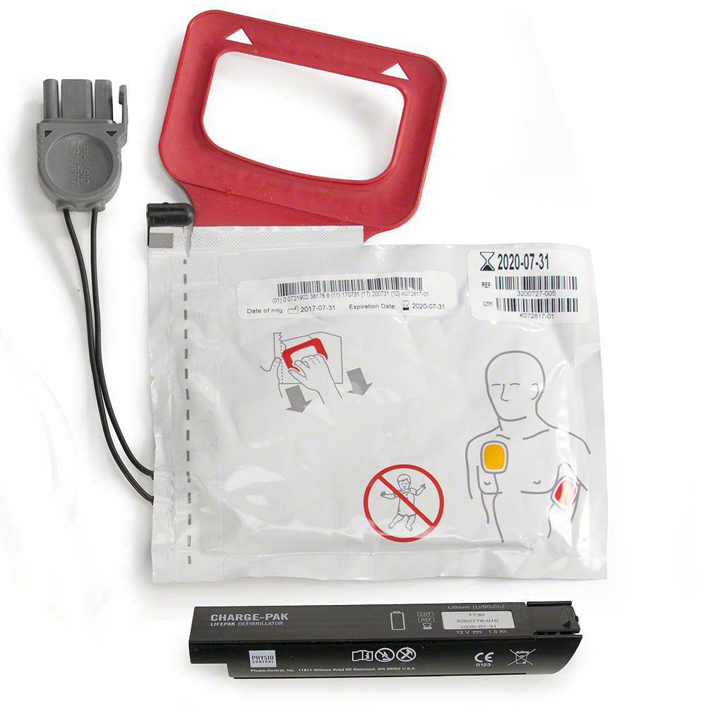 The Physio-Control LIFEPAK CR Plus/EXPRESS CHARGE-PAK with one set of electrode pads, by Physio-Control/STRYKER, includes illustrated instructions for proper placement on a human chest along with an expiration date.