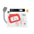 The Physio-Control/STRYKER LIFEPAK CR Plus/EXPRESS CHARGE-PAK includes a charging unit with connected cables, one set of electrode pads, and an instruction sheet illustrating the placement of the defibrillation electrode pads on a person's chest.