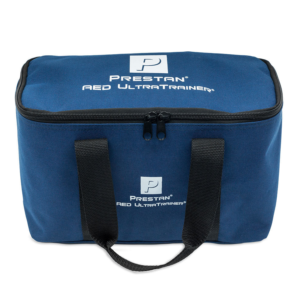 Blue Prestan AED UltraTrainer 4-Pack bag with black handles and zip closure offers a customizable and realistic training experience, featuring the Prestan brand name on the front and top.