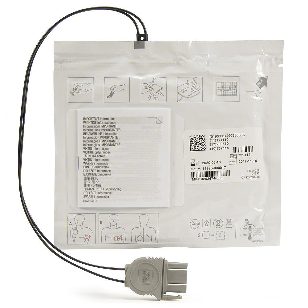 The Physio-Control/STRYKER LIFEPAK QUIK-COMBO Electrode Pads with REDI-PAK Pre-Connect System package includes instructions, a cable, and a connector. With text and illustrations on usage, this REDI-PAK pre-connect system ensures quick and efficient setup.