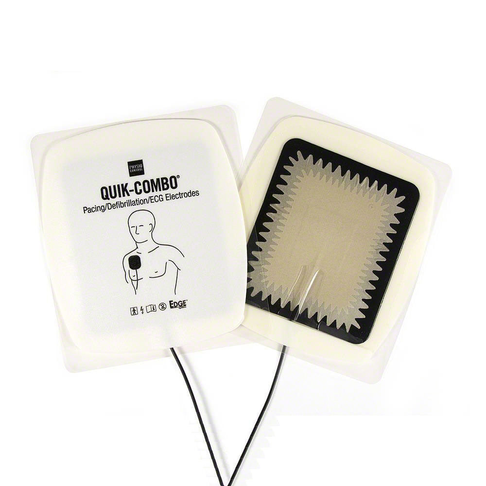 A pair of LIFEPAK QUIK-COMBO Electrode Pads with REDI-PAK Pre-Connect System, featuring Physio-Control/STRYKER pads and a diagram for chest placement, along with cables for defibrillator and ECG use.