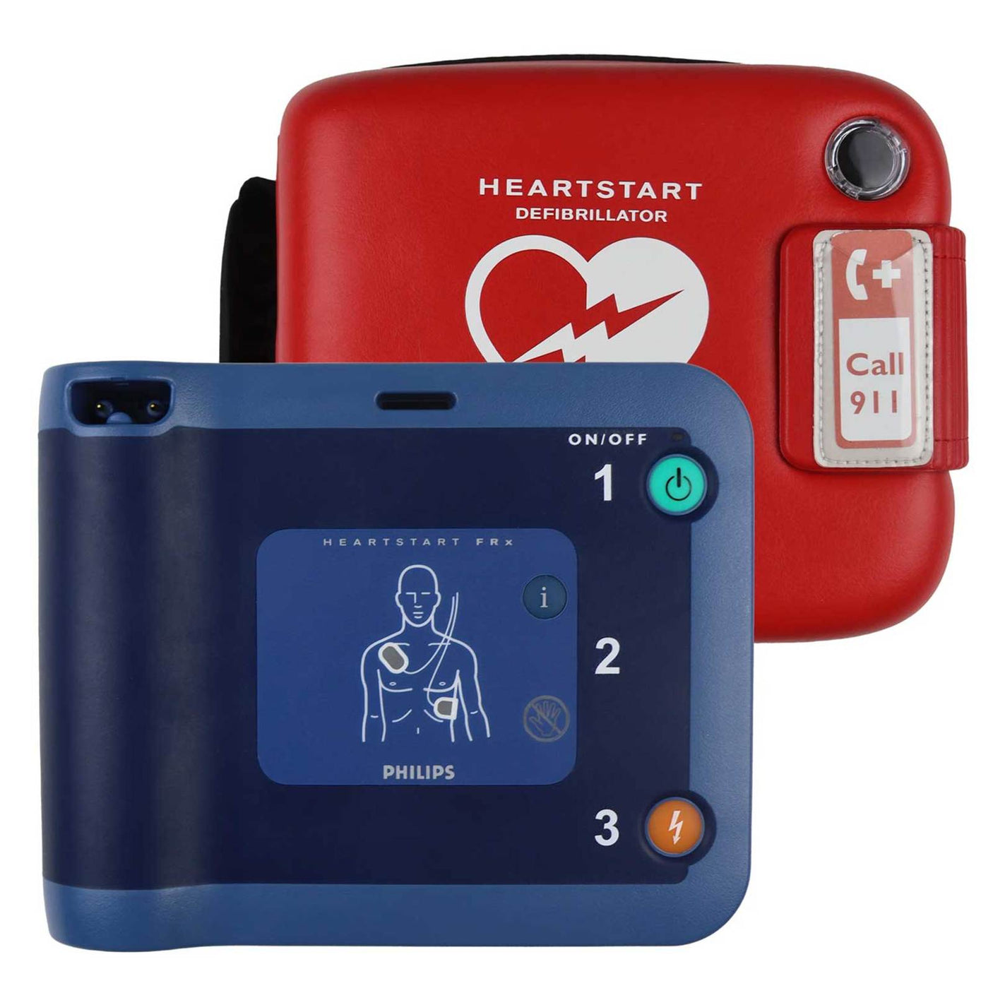 A blue, portable Philips FRx SMART Pads II Defibrillation Electrode Pads with an on/off button and numbered instructions on its interface is shown in front of a red carrying case. The carrying case features the text "HEARTSTART DEFIBRILLATOR" and has a graphic of a heart with a lightning bolt.