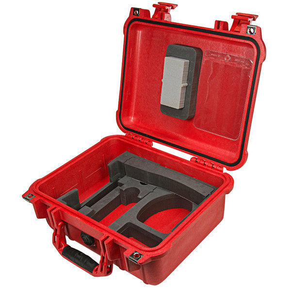 Red protective case with foam interior on a white background