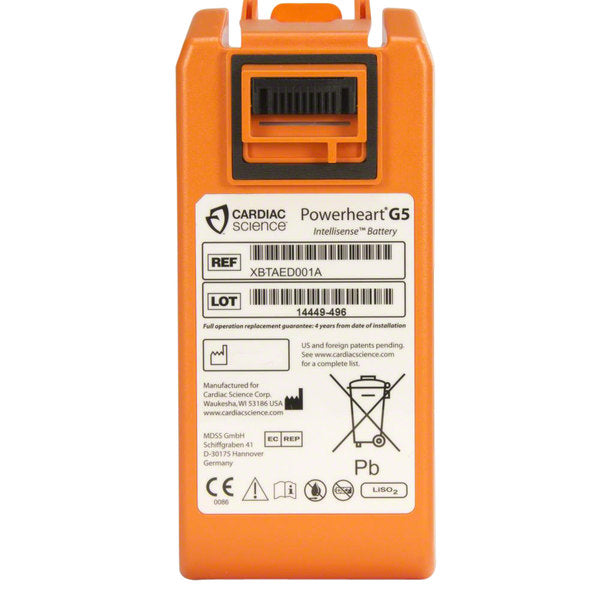 Orange Cardiac Science G5 Battery, complete with labels and instructions, including model number XBATAED001A.