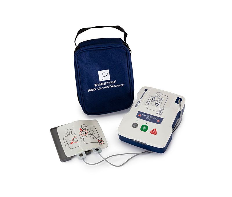 A Prestan AED UltraTrainer by Prestan, featuring customizable settings, electrode pads, and a carrying case for a realistic training experience.