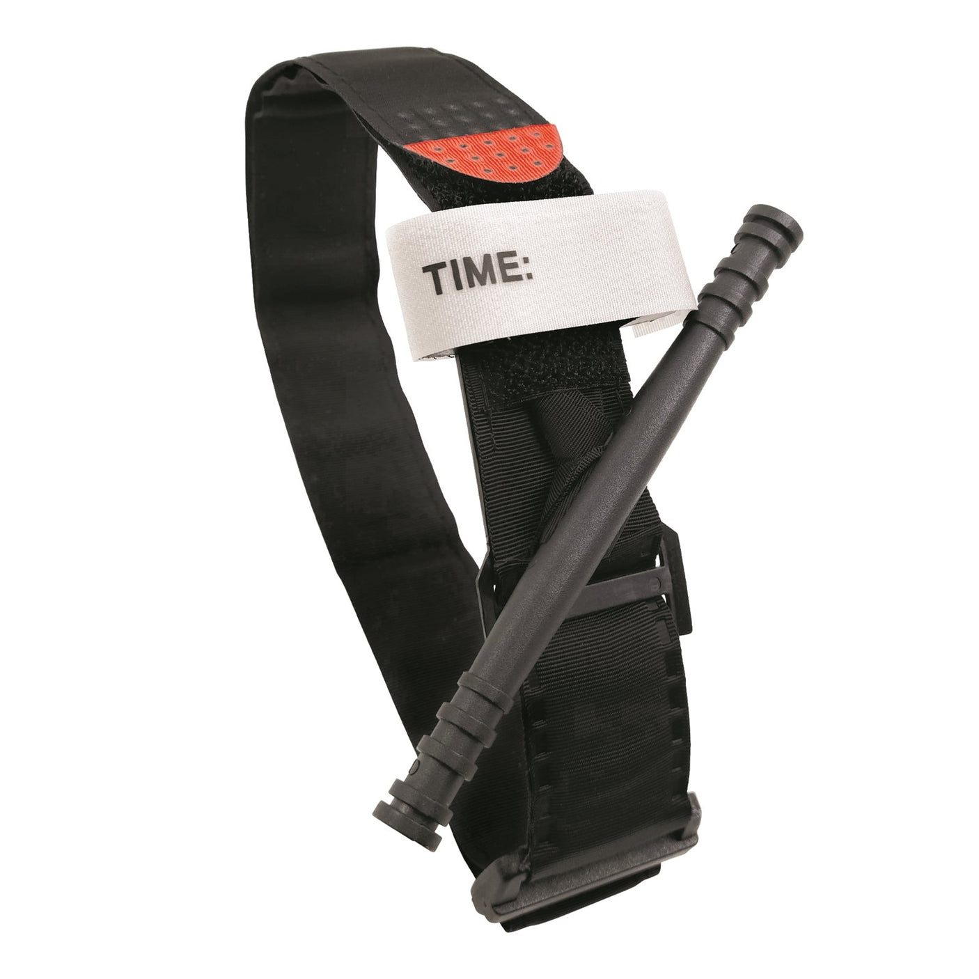 A crucial limb trauma care device, the AED Shop's Tourniquet - Windlass style, features a black design with a label marked "TIME:" and includes a plastic tightening rod to effectively stop blood loss.