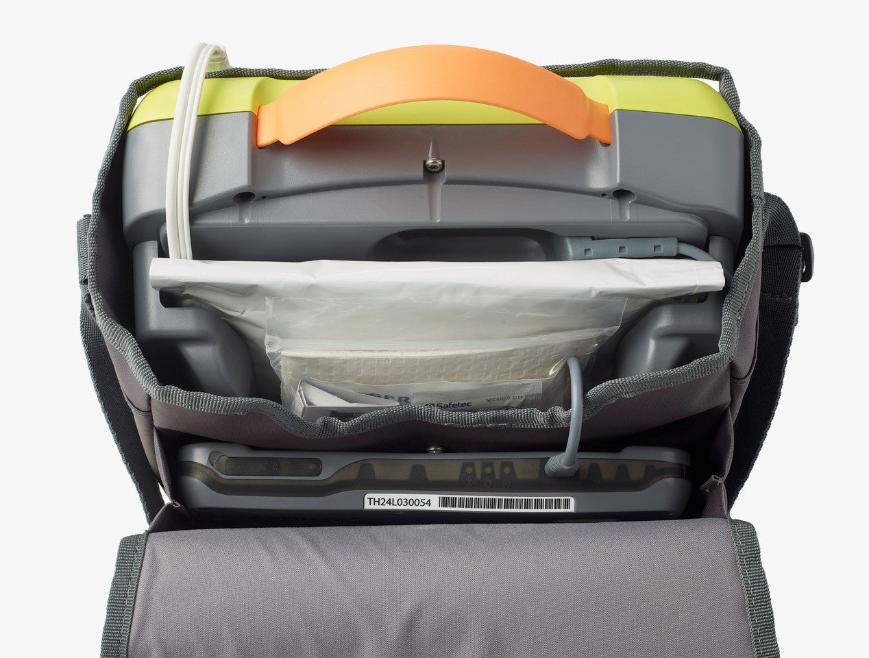 Backpack with a clear compartment showing a laptop inside, on a white background