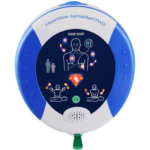 Front view of a HeartSine Samaritan 350P, a portable defibrillator with icons depicting its usage steps, featuring the innovative Pad-Pak cartridge.