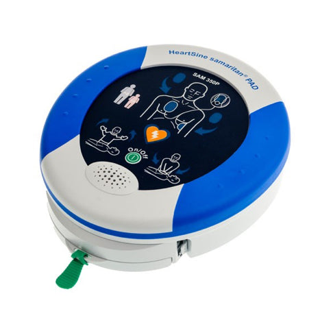 A HeartSine Samaritan 350P - Complete Package portable defibrillator with a blue and white casing, showing diagrams for usage instructions, and featuring a CPR coach.