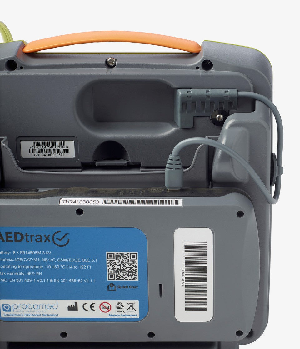 Back view of a medical device with branding and technical labels on a white background