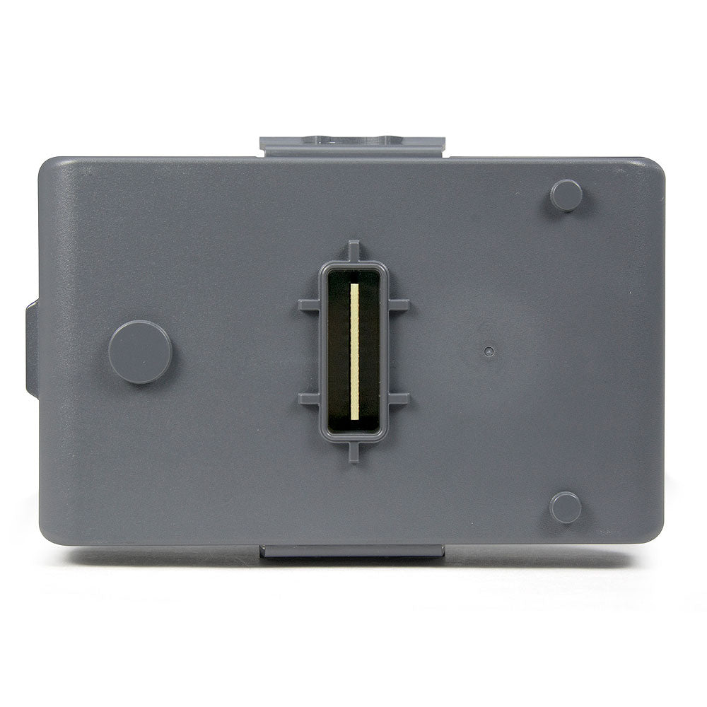 A rectangular gray electronic component with a central slot and several round features on its front surface, resembling a ZOLL AED 3 Battery Pack by ZOLL for defibrillators. The slot appears to be for an electrical connector or interface, with several small raised circles and a rectangular notch visible on the case.