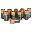 A set of ten ZOLL AED Plus Batteries, in black with copper tops, are displayed standing upright with one lying down in front. These lithium batteries from AED Shop include CR123A LiMN02 models suitable for devices like the ZOLL AED Plus.