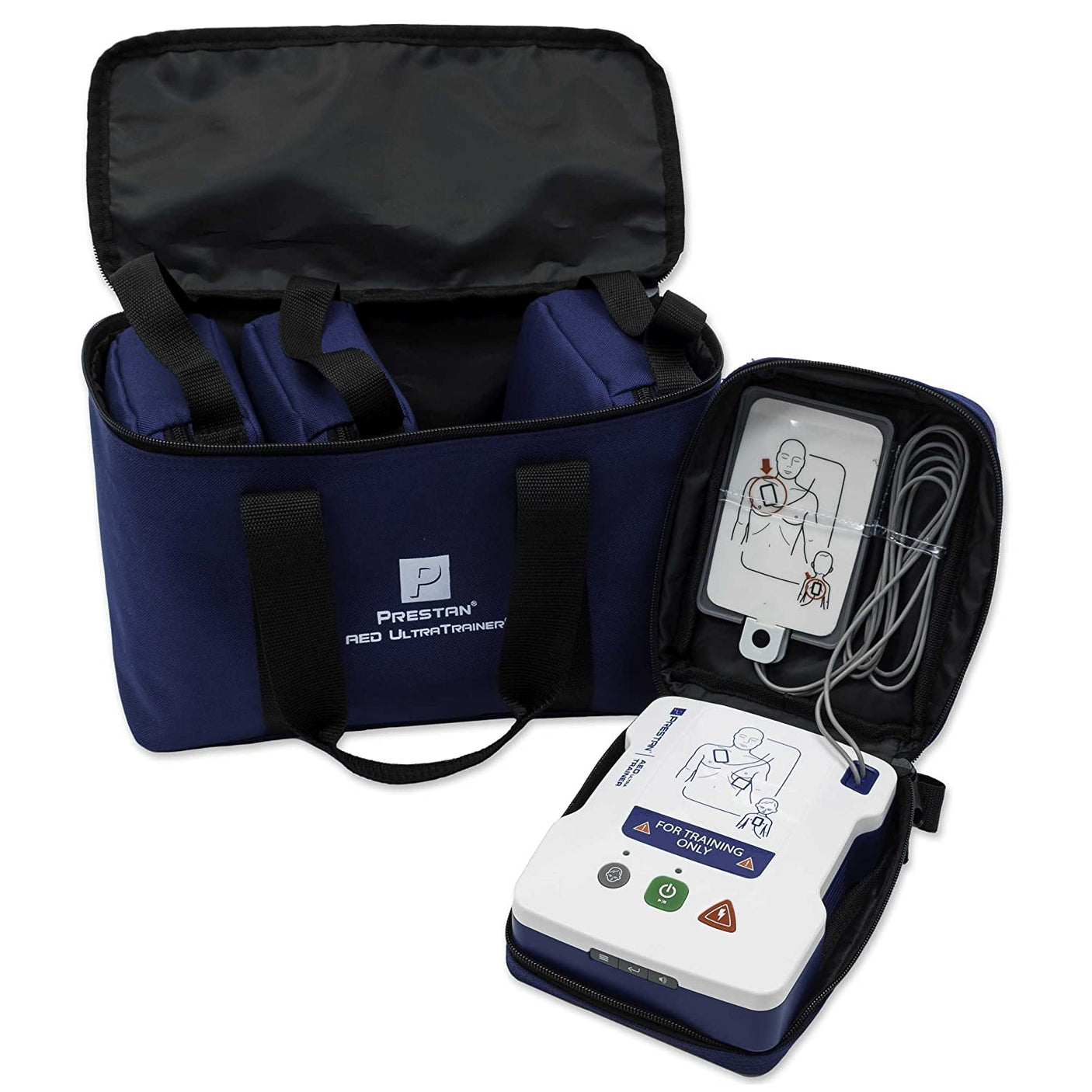 A Prestan AED UltraTrainer 4-Pack, offering a realistic training experience with customizable settings, is open with electrodes visible, next to a blue carry case filled with additional accessories.