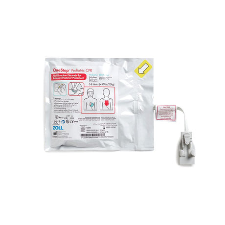 The OneStep Pediatric CPR Electrode by AED4Life comes in a sealed package, designed for use with ZOLL R Series Defibrillators, and includes attached instructions and connectors for efficient resuscitation.