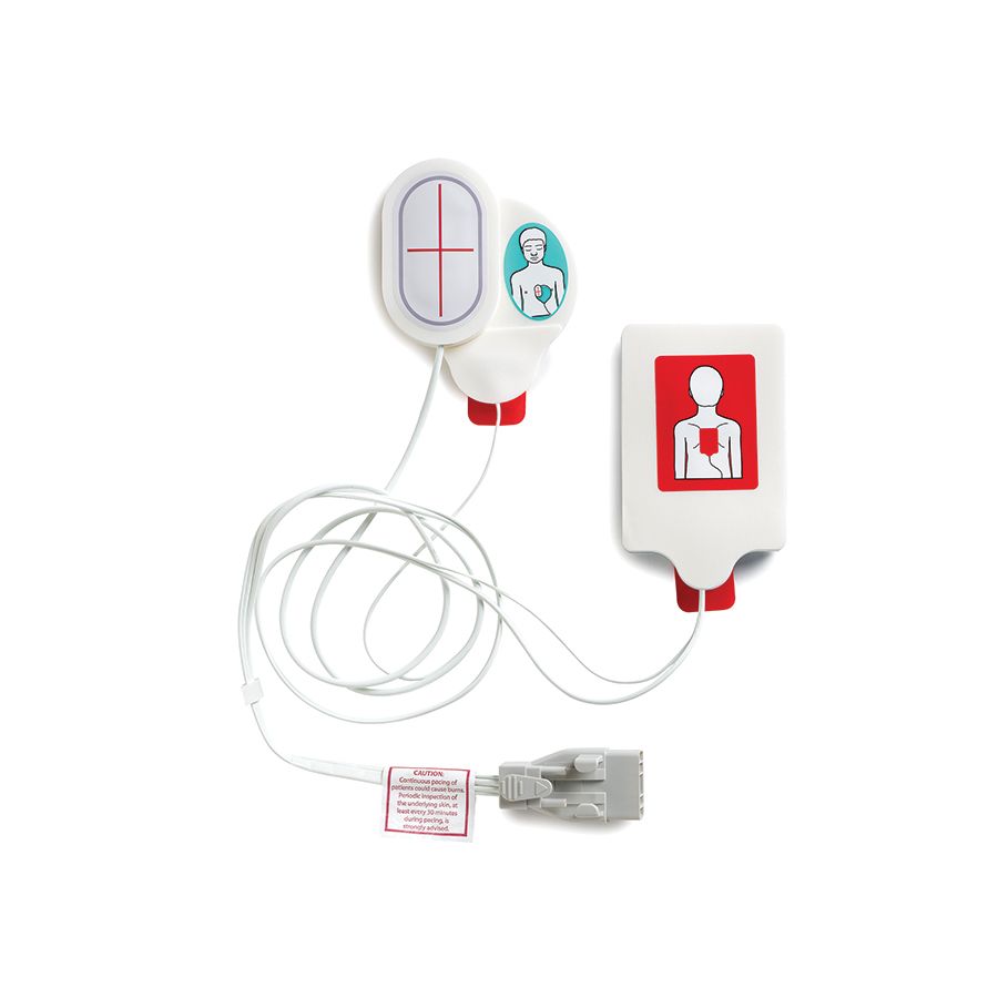 The OneStep Pediatric CPR Electrode, Single by AED4Life is equipped with cables and connectors for use with ZOLL R Series Defibrillators and features placement diagrams to ensure effective application on a child.