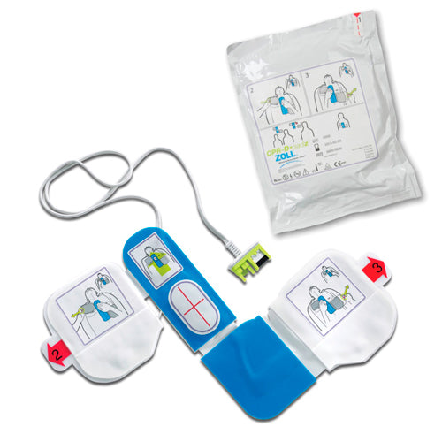 The ZOLL AED Plus Refresh Kit features the ZOLL CPR-D-padz, which come with electrode pads that include instructional diagrams and packaging to illustrate proper placement on the body, ensuring you can effectively use the defibrillation and CPR system during emergencies.