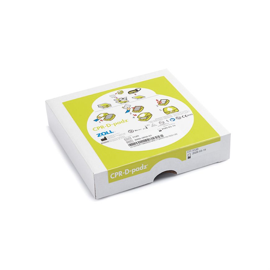 A white box of ZOLL CPR-D-padz featuring instructional images on a vibrant green label, included in the AED Plus Refresh Kit.