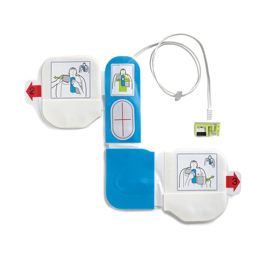 AED electrode pads, complete with illustrated chest application instructions, are included in the AED Plus Refresh Kit, a component of the ZOLL CPR-D-padz defibrillation and CPR system by ZOLL.