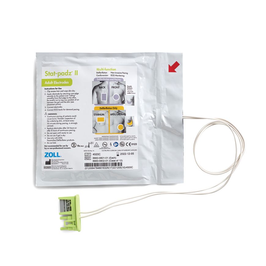 Pack of ZOLL Stat-padz II adult multi-function defibrillation electrodes from ZOLL, featuring a connected cable and green connector.